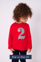 A 2 year old boy wearing a red 2nd birthday t-shirt with a liberty cars print number 2 appliquéd on the front. 