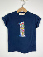 Magnificent Stanley Tee Personalised or Age Navy T-Shirt in Dinosaur Liberty Print