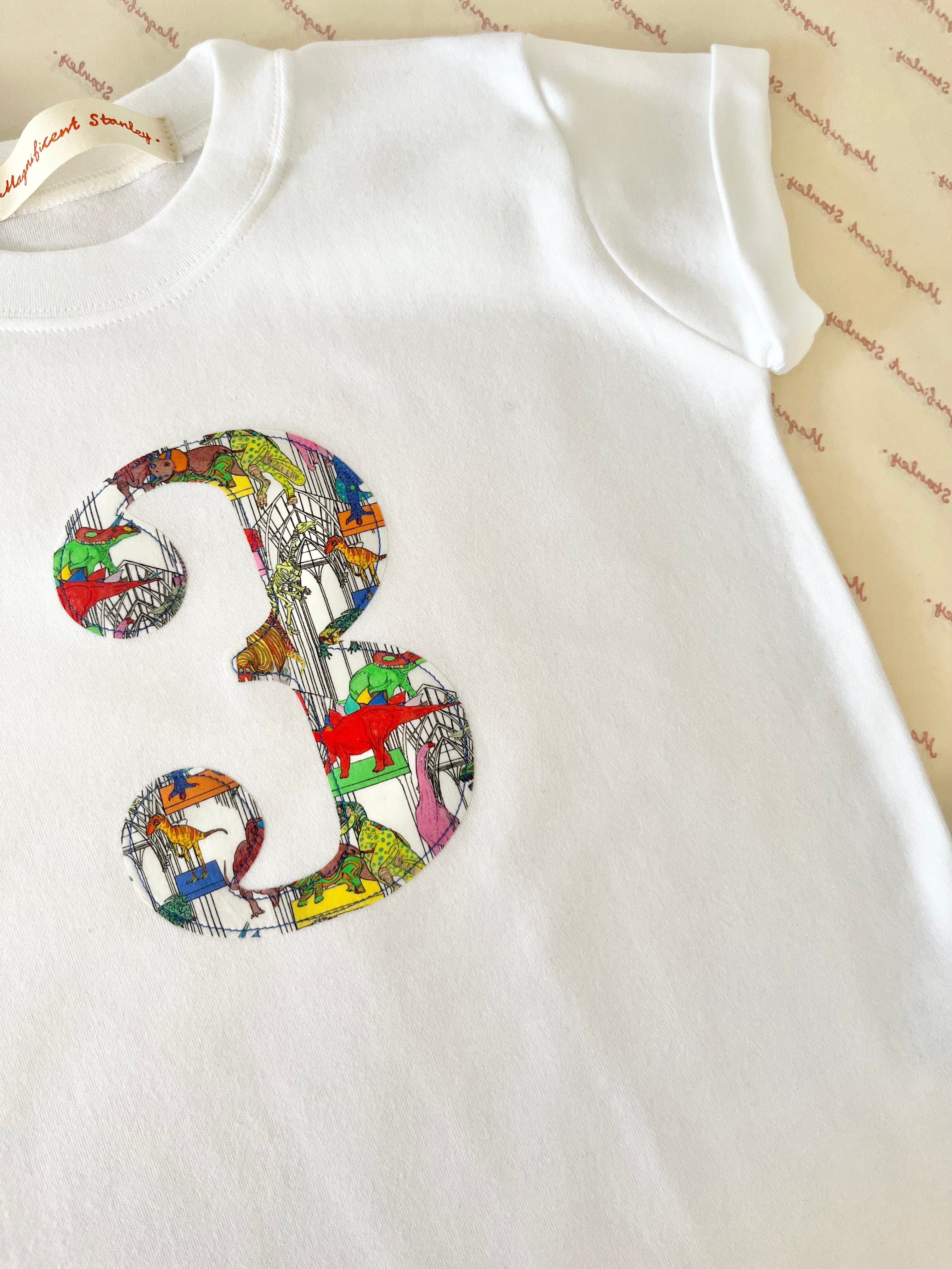 Magnificent Stanley Tee Personalised or Number White T-Shirt in Dinosaur Liberty Print