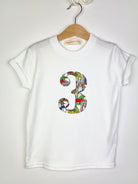 Magnificent Stanley Tee Personalised or Number White T-Shirt in Dinosaur Liberty Print