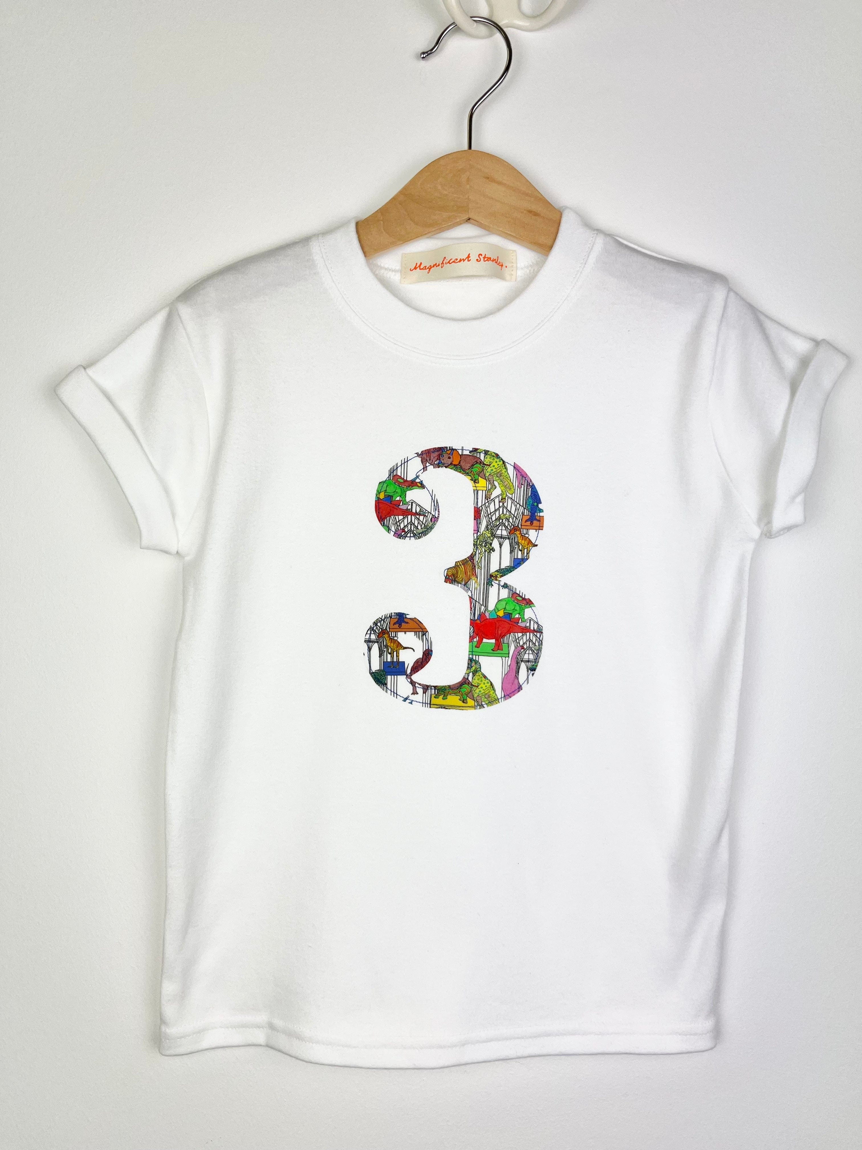 Magnificent Stanley Tee Personalised or Number White T-Shirt in Dinosaur Liberty Print