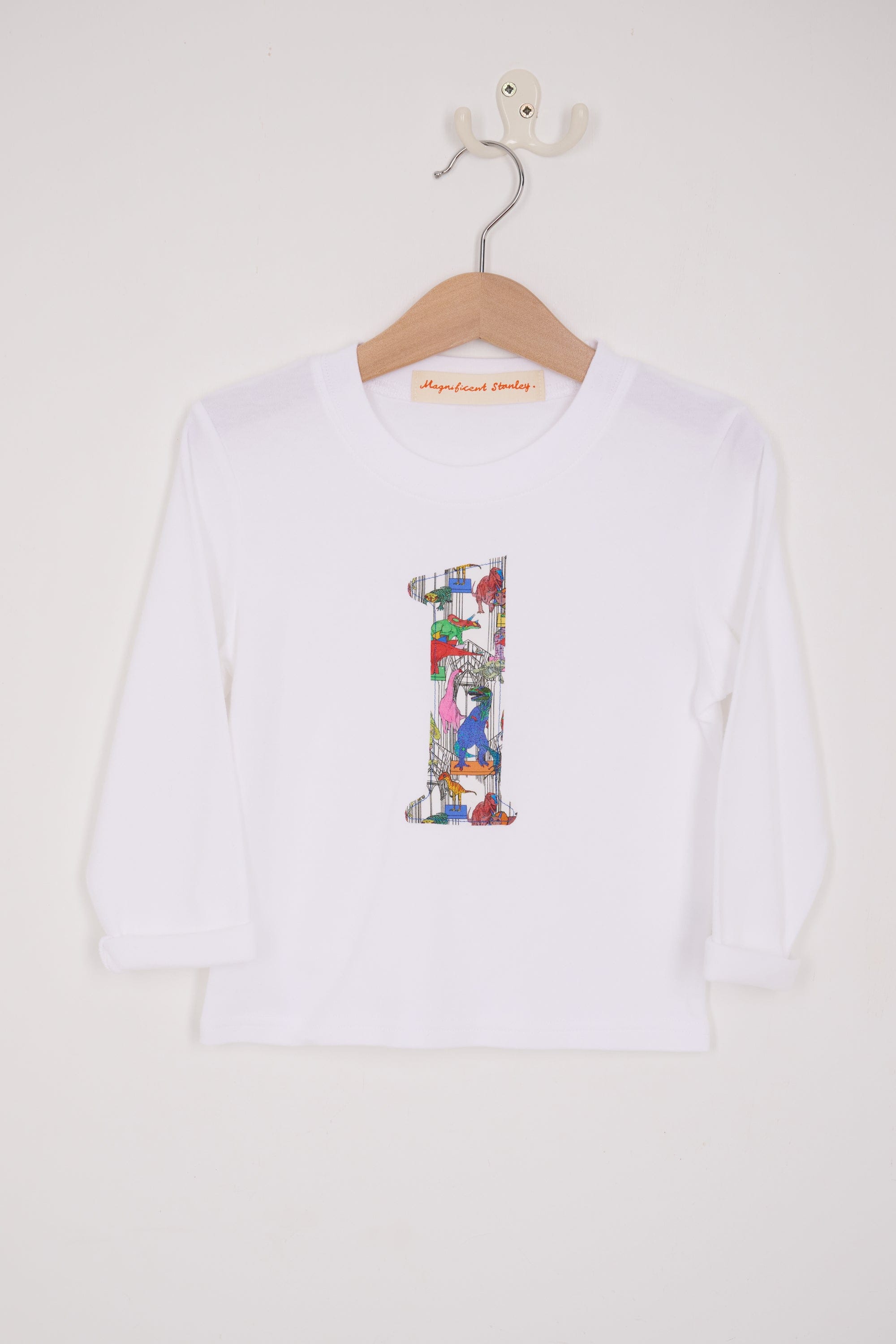 Magnificent Stanley Tee Personalised or Number White T-Shirt in Dinosaur Liberty Print