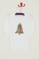 A white bodysuit babygrow with a Liberty My Little Star print festive Christmas tree sewn on the front.