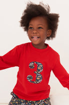 A 3 year old boy wearing a red birthday t-shirt with a number 3 on the front made from Liberty zoo print fabric.