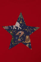 A close up of a red Christmas t-shirt with a festive star on the front in a Liberty Christmas animals print.